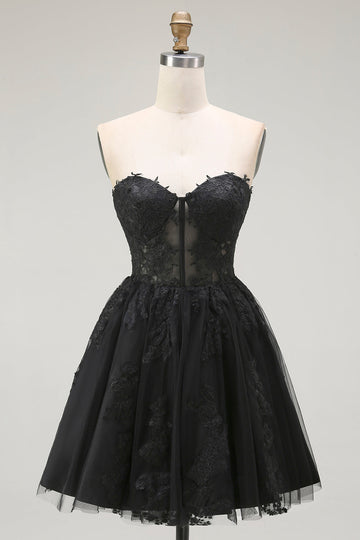 Black A Line Sweetheart Appliqued Sheer Corset Short Prom Dress